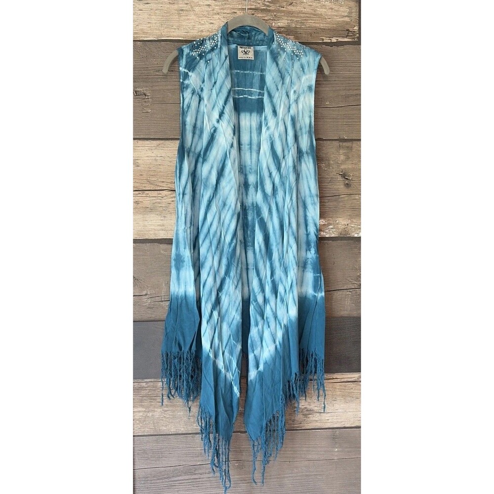 Vocal Women’s Teal Tie-Dyed Fringed Rhinestone Vest M USA Festival Concert Boho
